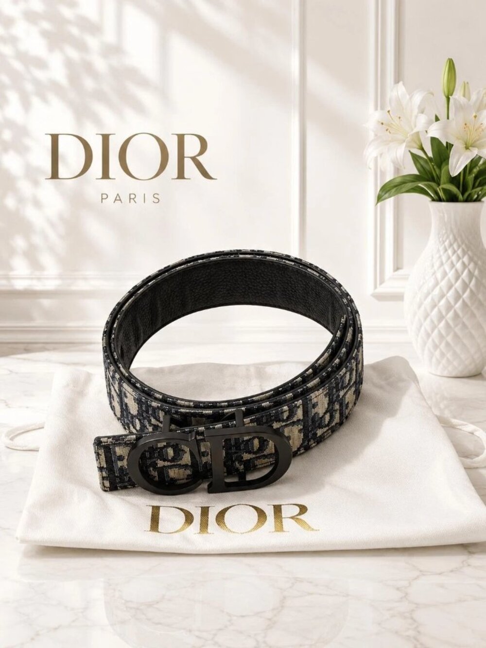 Authentic Christian Dior Oblique CD Leather and Canvas Belt Size 85 $750